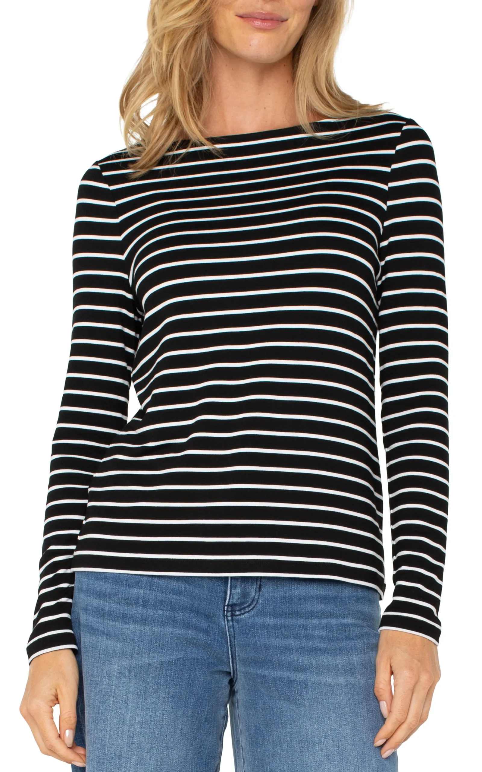 Tees-Liverpool Los Angeles LONG SLEEVE BOATNECK KNIT TOP Blackwhitestripe