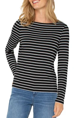 Tees-Liverpool Los Angeles LONG SLEEVE BOATNECK KNIT TOP Blackwhitestripe