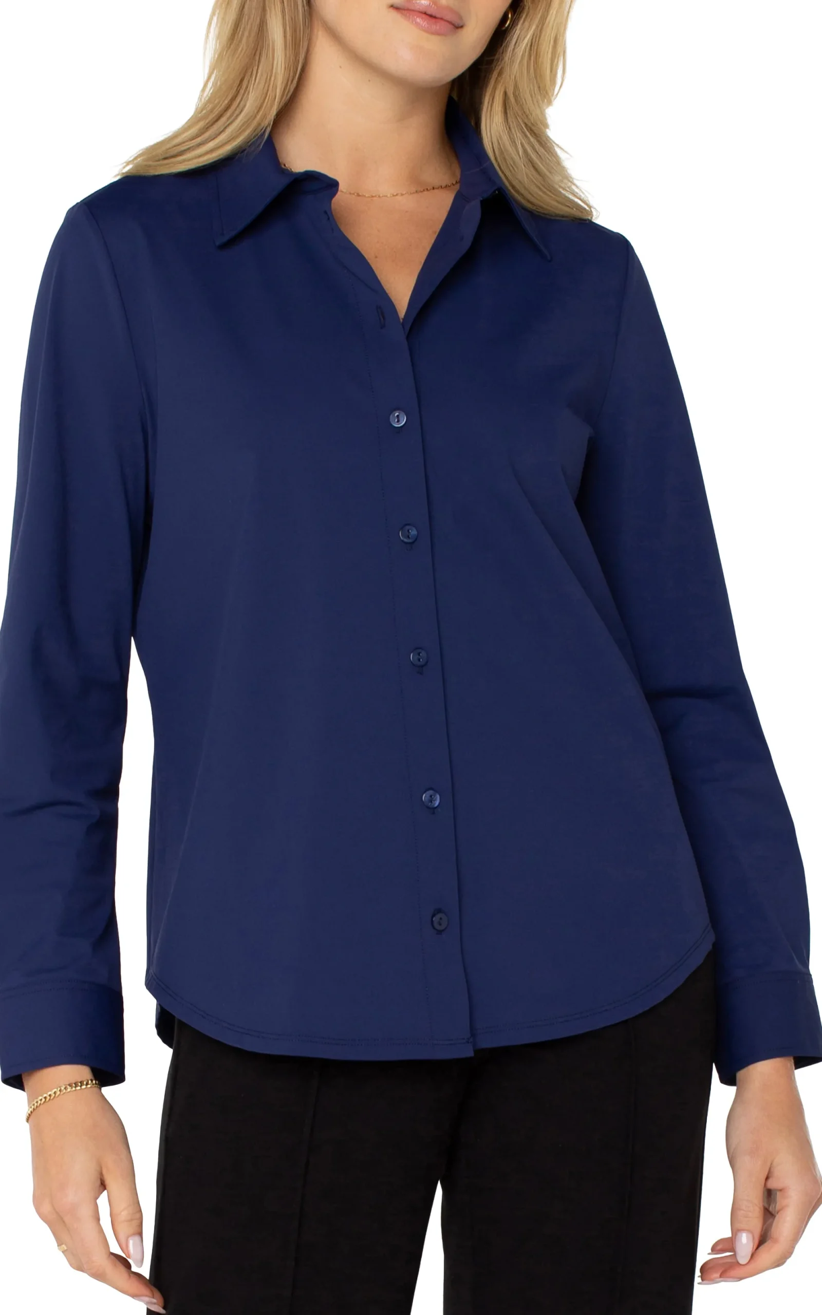 Tops-Liverpool Los Angeles LONG SLEEVE BUTTON FRONT KNIT SHIRT Navyink
