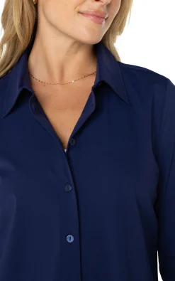 Tops-Liverpool Los Angeles LONG SLEEVE BUTTON FRONT KNIT SHIRT Navyink