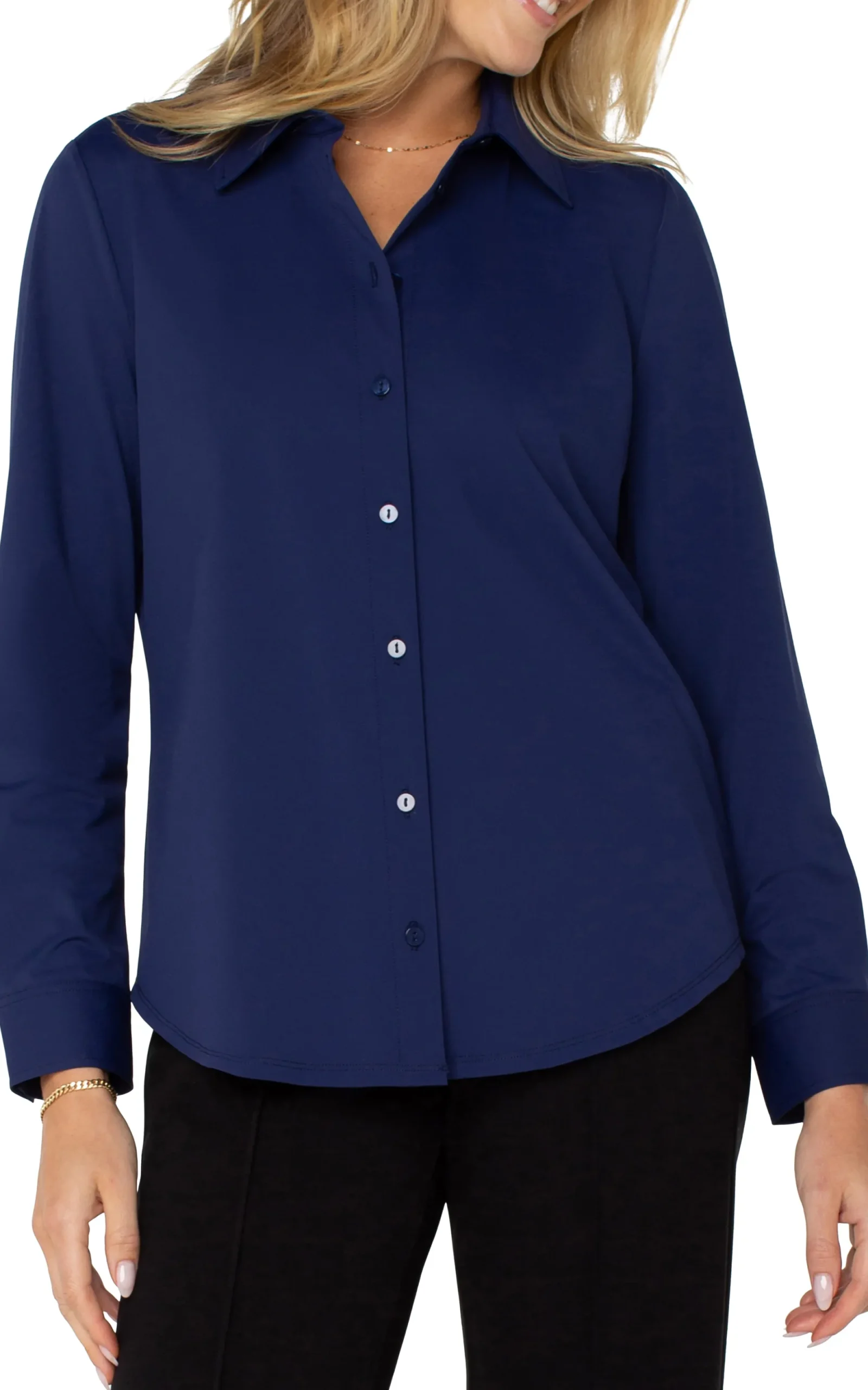 Tops-Liverpool Los Angeles LONG SLEEVE BUTTON FRONT KNIT SHIRT Navyink