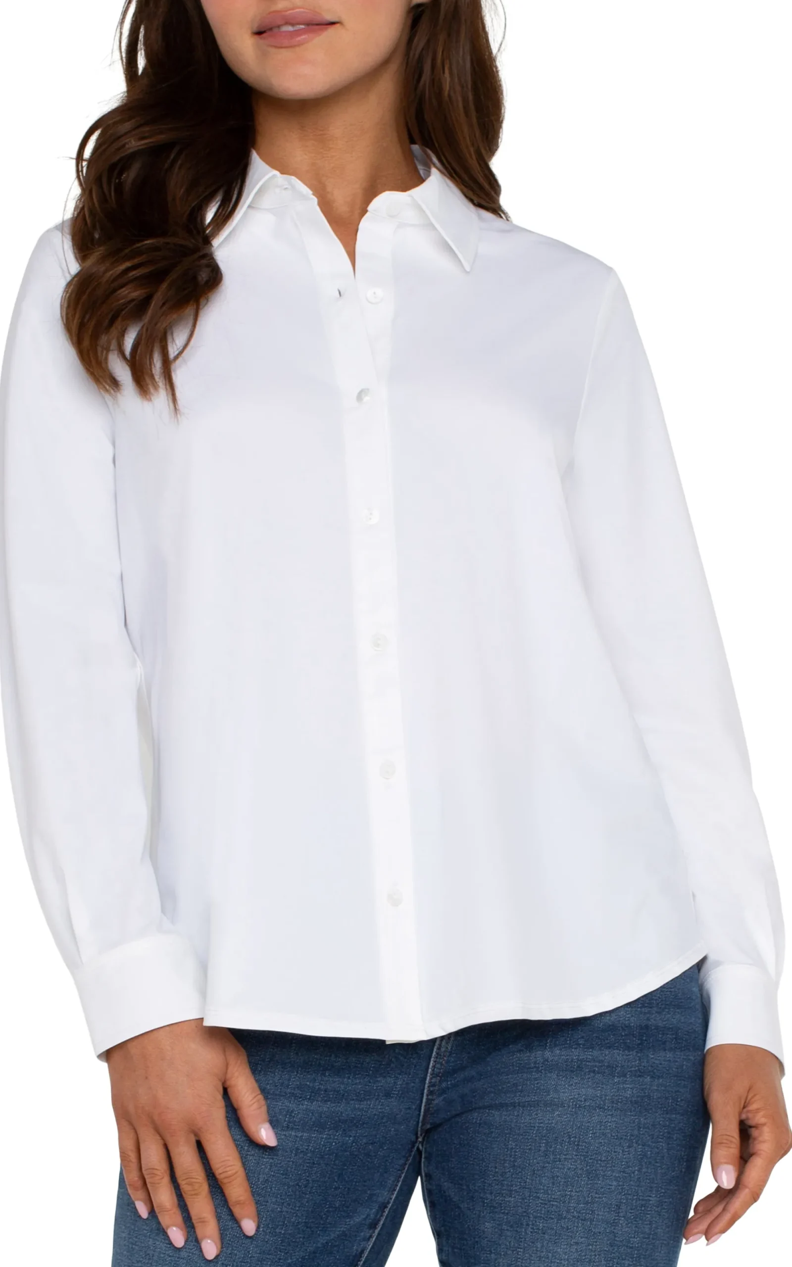 Tops-Liverpool Los Angeles LONG SLEEVE BUTTON FRONT KNIT SHIRT White
