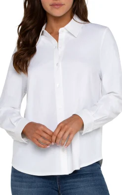 Tops-Liverpool Los Angeles LONG SLEEVE BUTTON FRONT KNIT SHIRT White