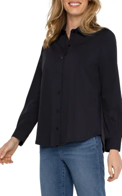 Tops-Liverpool Los Angeles LONG SLEEVE BUTTON FRONT KNIT SHIRT Black