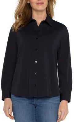 Tops-Liverpool Los Angeles LONG SLEEVE BUTTON FRONT KNIT SHIRT Black