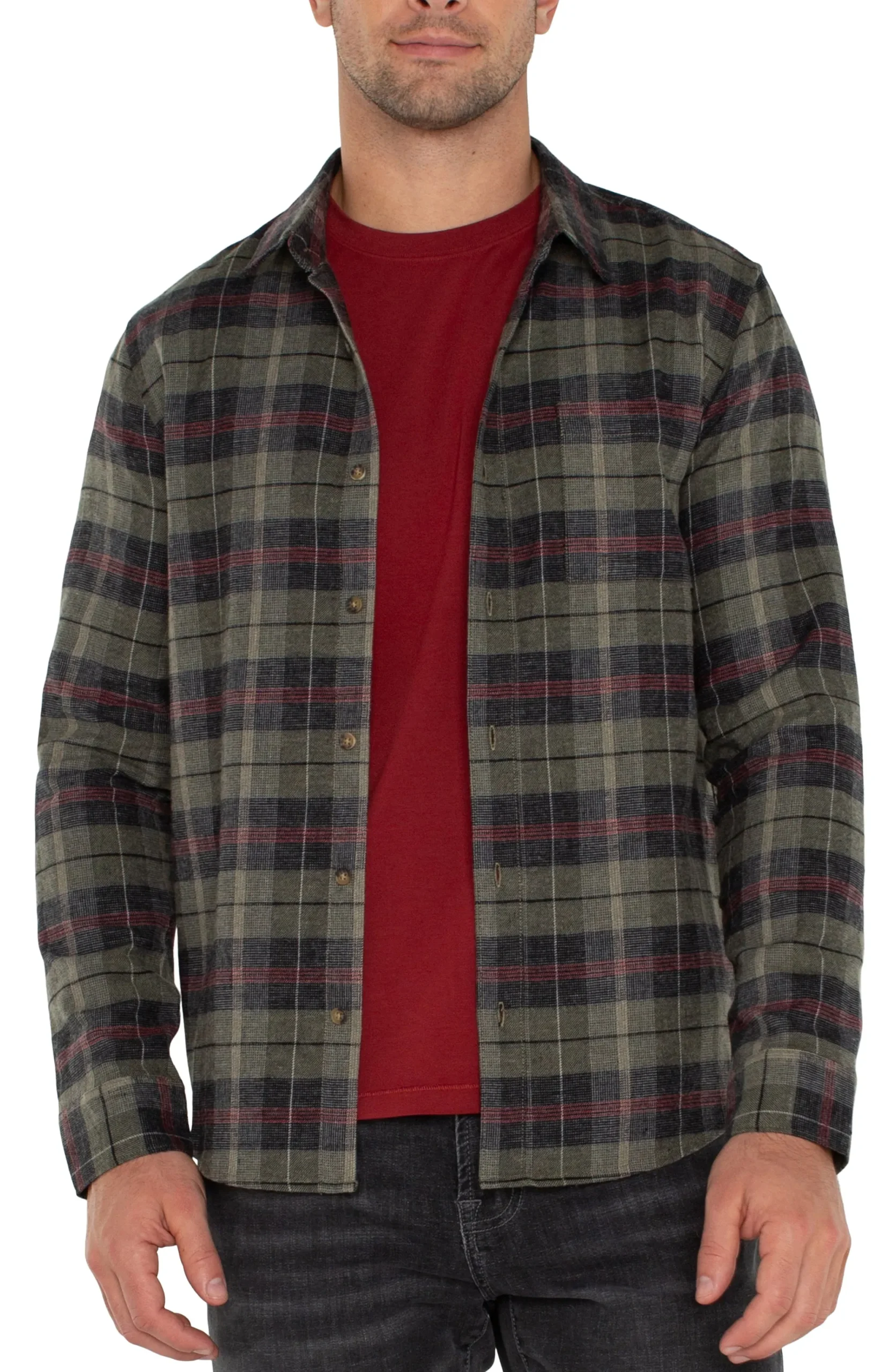 Shirts-Liverpool Los Angeles LONG SLEEVE BUTTON UP SHIRT Oliveblackmulti