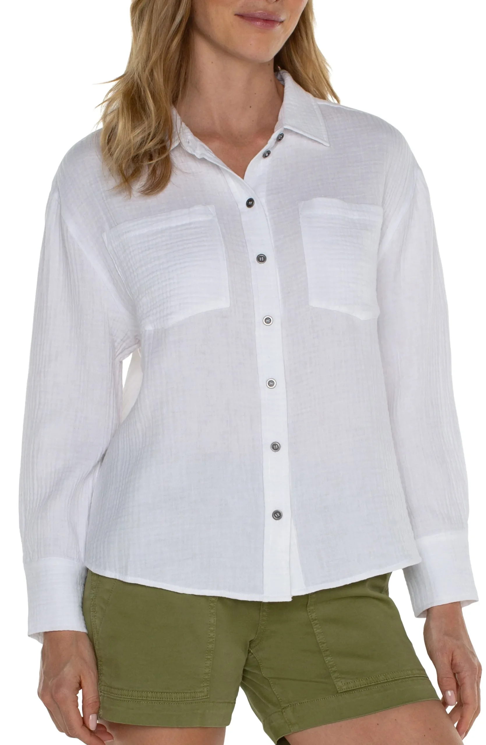 Tops-Liverpool Los Angeles LONG SLEEVE BUTTON UP SHIRT White
