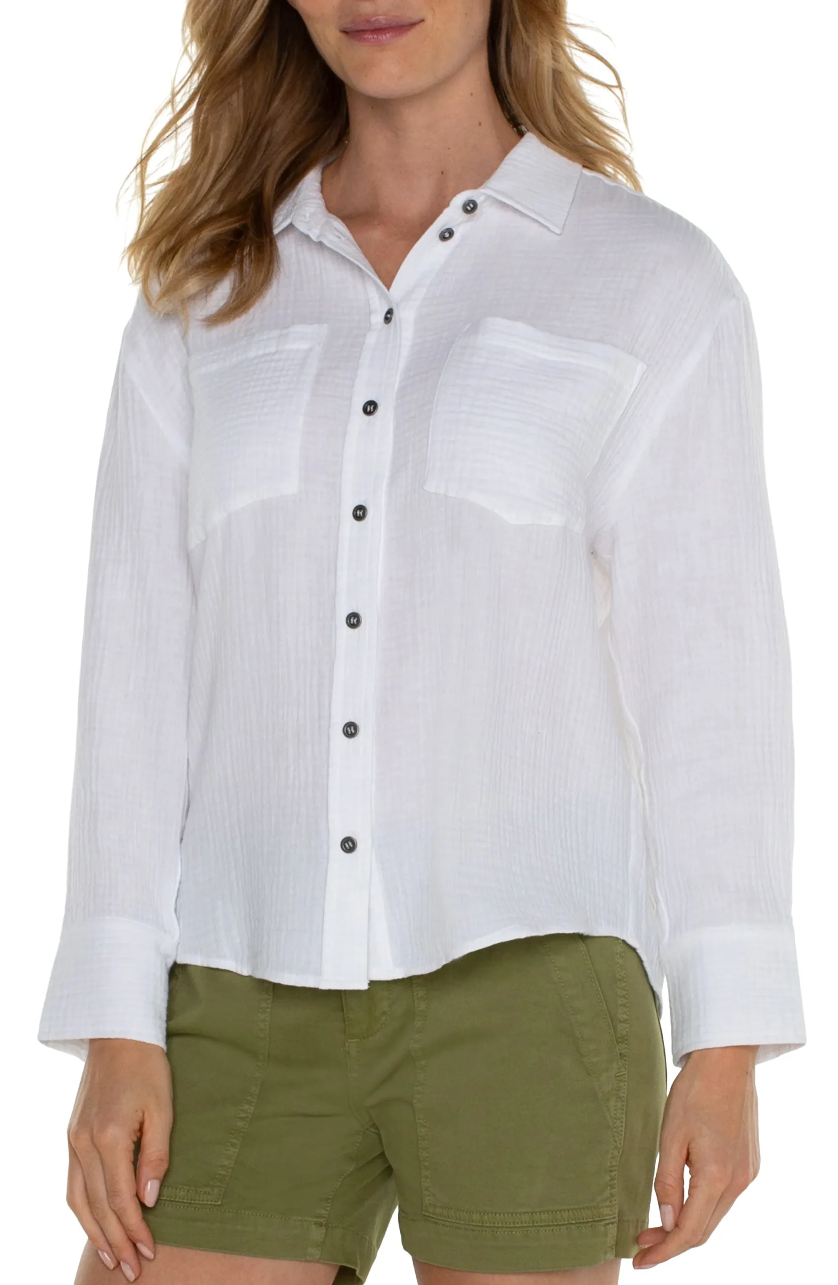 Tops-Liverpool Los Angeles LONG SLEEVE BUTTON UP SHIRT White