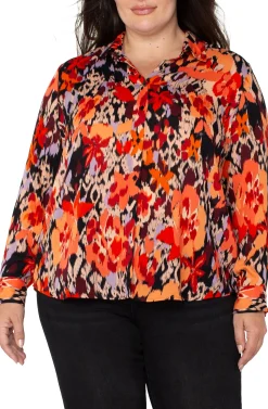 Tops-Liverpool Los Angeles LONG SLEEVE BUTTON UP WOVEN BLOUSE Burntorangefloral
