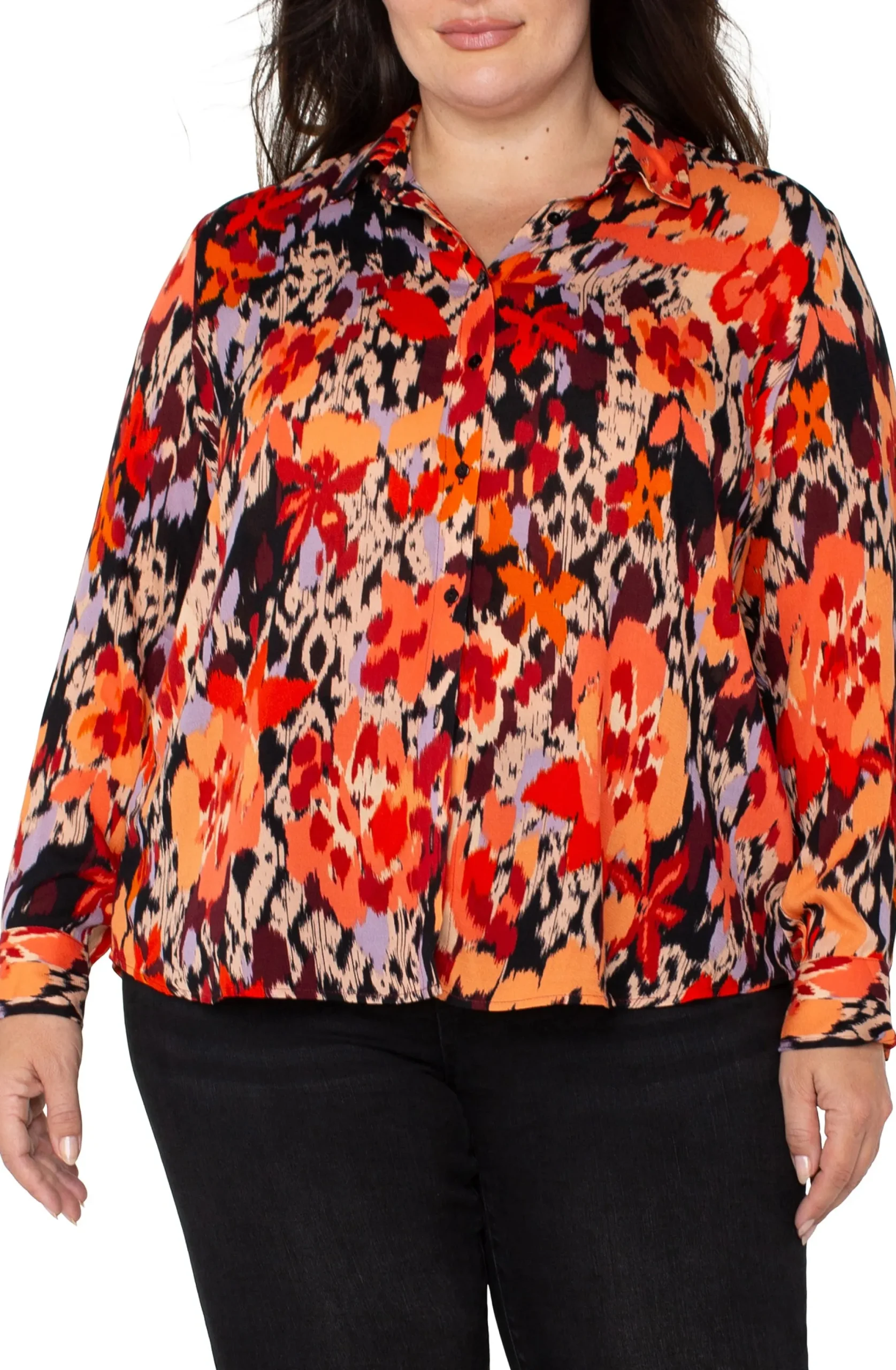 Tops-Liverpool Los Angeles LONG SLEEVE BUTTON UP WOVEN BLOUSE Burntorangefloral