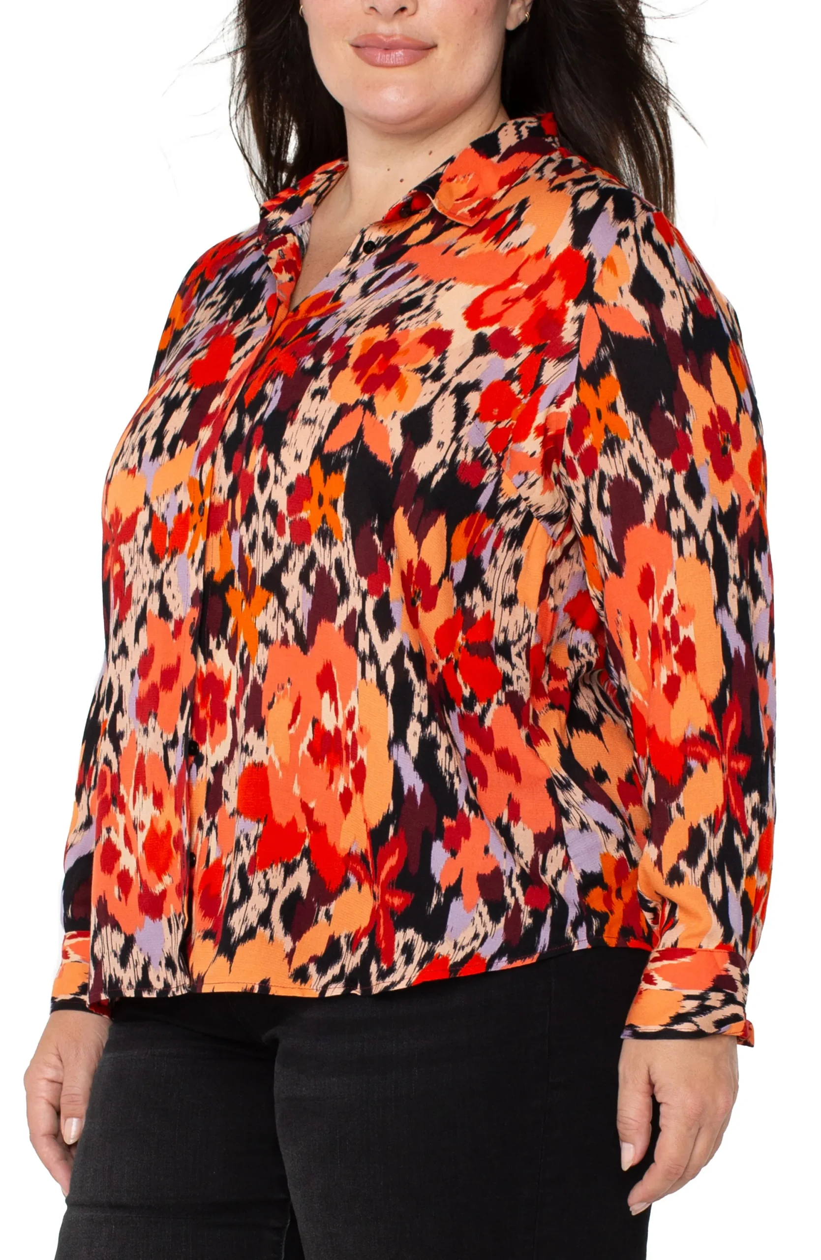 Tops-Liverpool Los Angeles LONG SLEEVE BUTTON UP WOVEN BLOUSE Burntorangefloral