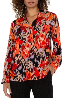 Tops-Liverpool Los Angeles LONG SLEEVE BUTTON UP WOVEN BLOUSE Burntorangefloral