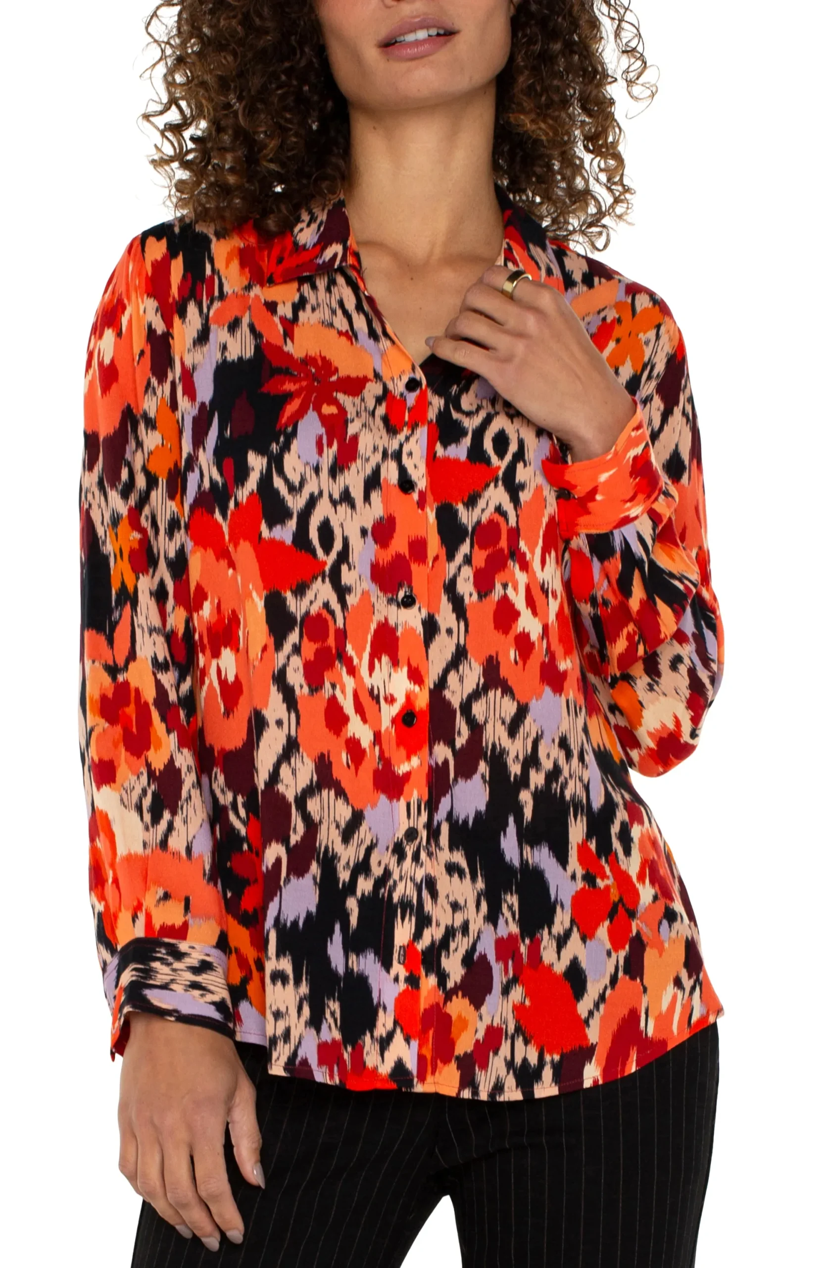 Tops-Liverpool Los Angeles LONG SLEEVE BUTTON UP WOVEN BLOUSE Burntorangefloral