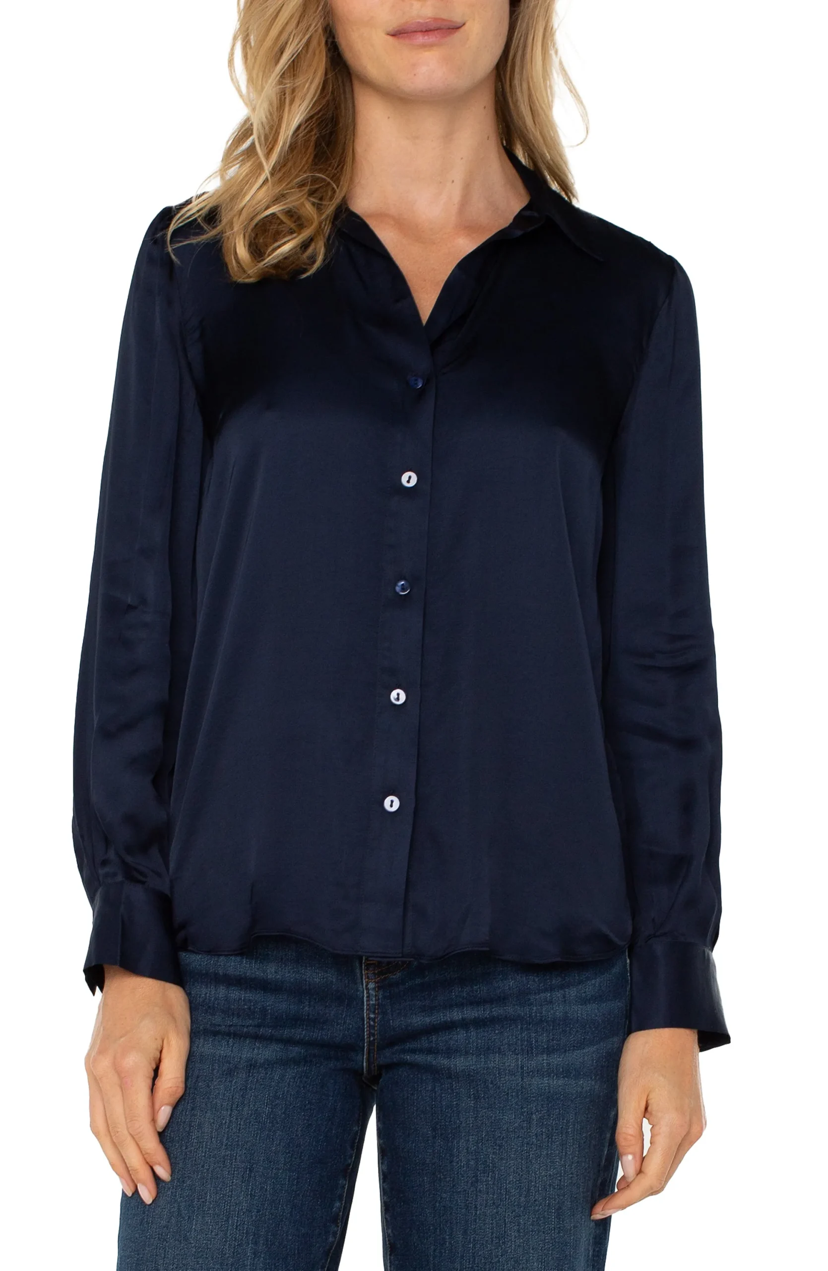 Tops-Liverpool Los Angeles LONG SLEEVE COLLARED BUTTON FRONT WOVEN BLOUSE Darknavy