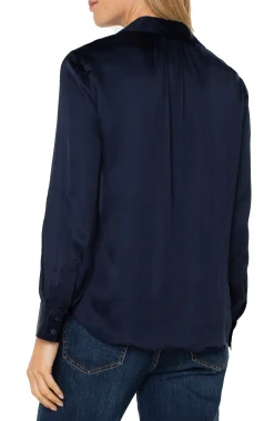 Tops-Liverpool Los Angeles LONG SLEEVE COLLARED BUTTON FRONT WOVEN BLOUSE Darknavy