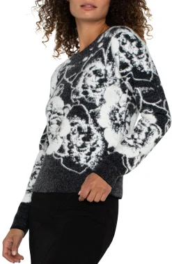 Sweaters-Liverpool Los Angeles LONG SLEEVE CREW NECK SWEATER Blackandwhitefloral