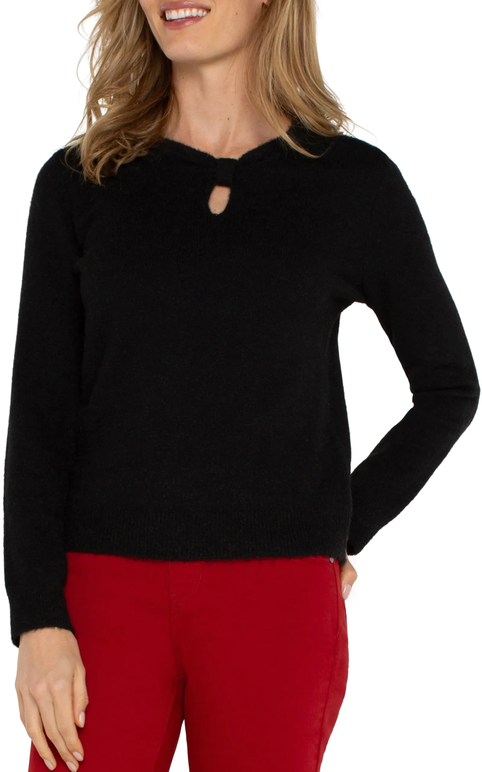 Tees|Sweaters-Liverpool Los Angeles LONG SLEEVE CUT OUT BOW NECK SWEATER Black