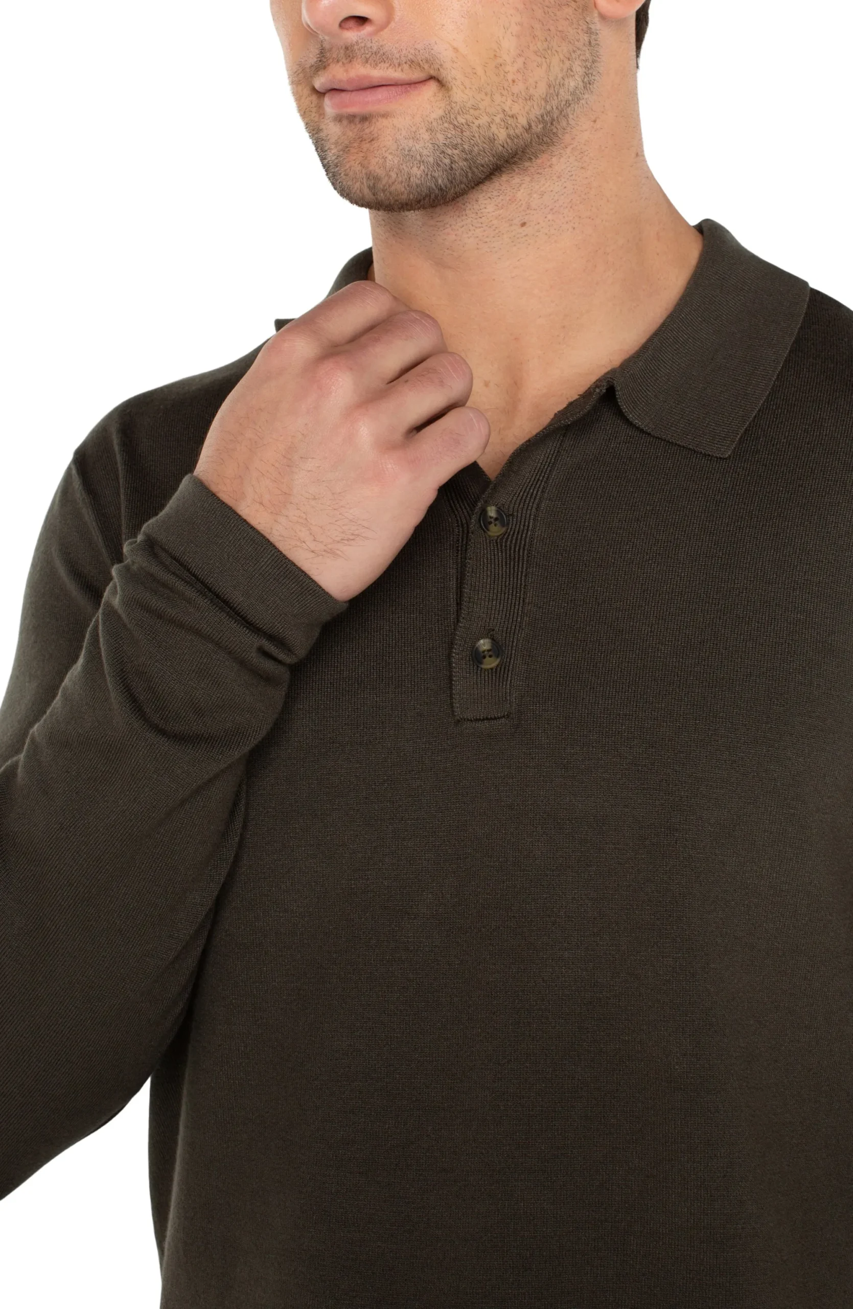 Shirts-Liverpool Los Angeles LONG SLEEVE KNIT POLO Olive