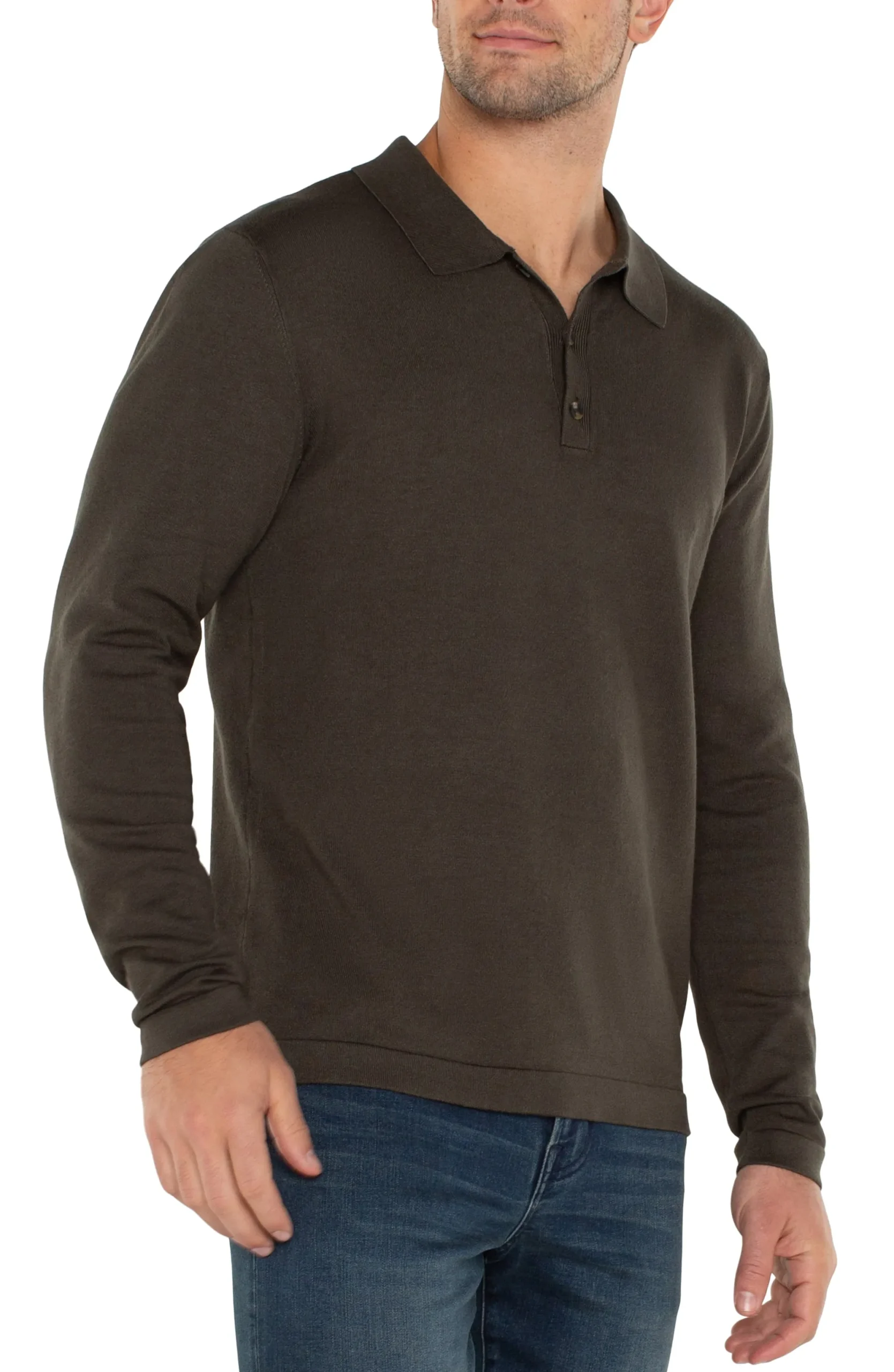Shirts-Liverpool Los Angeles LONG SLEEVE KNIT POLO Olive