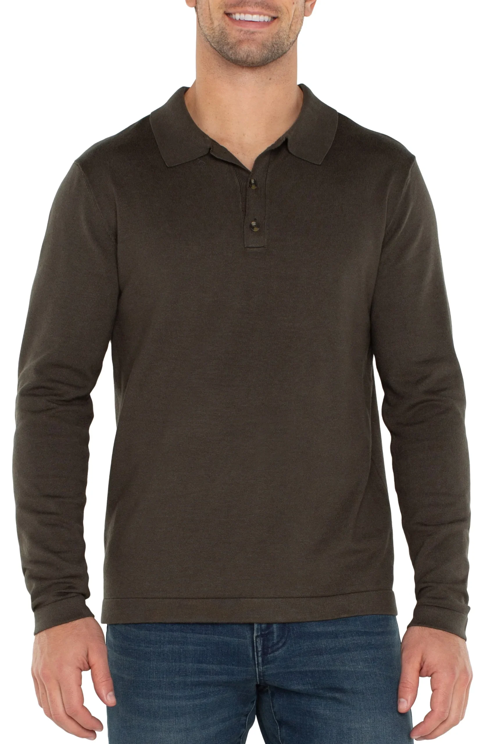Shirts-Liverpool Los Angeles LONG SLEEVE KNIT POLO Olive