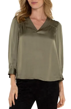 Tops-Liverpool Los Angeles LONG SLEEVE PLEATED NECK WOVEN BLOUSE Spanisholive