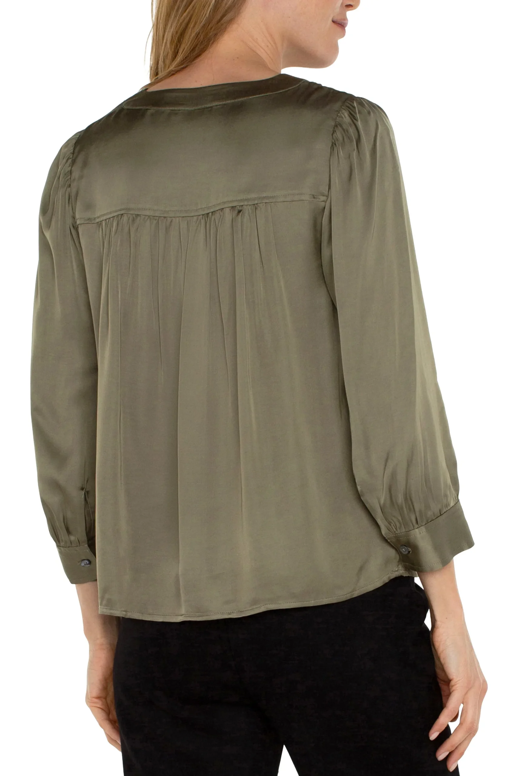 Tops-Liverpool Los Angeles LONG SLEEVE PLEATED NECK WOVEN BLOUSE Spanisholive