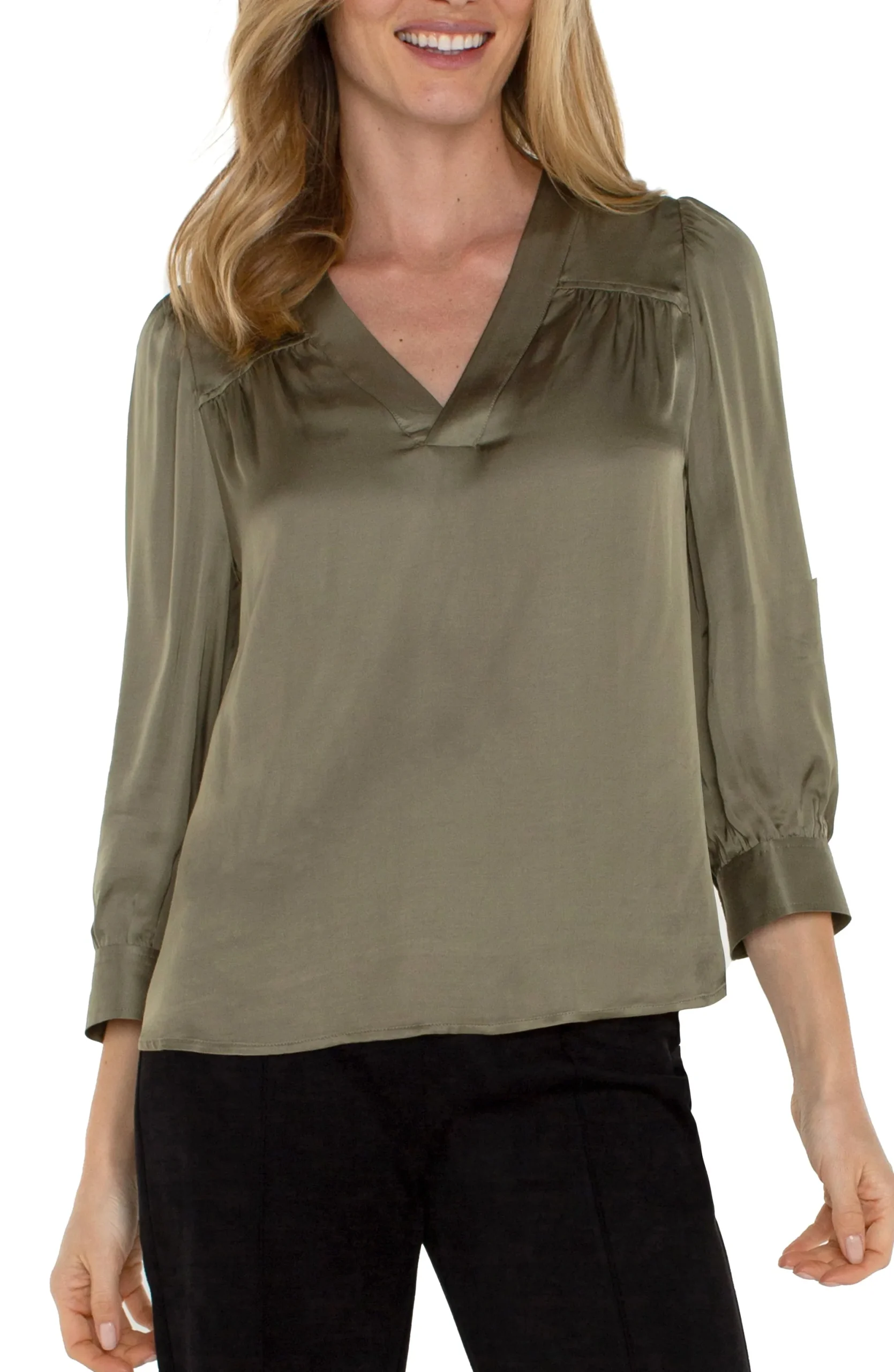 Tops-Liverpool Los Angeles LONG SLEEVE PLEATED NECK WOVEN BLOUSE Spanisholive