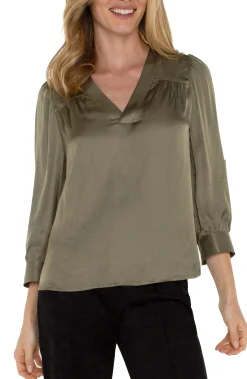 Tops-Liverpool Los Angeles LONG SLEEVE PLEATED NECK WOVEN BLOUSE Spanisholive