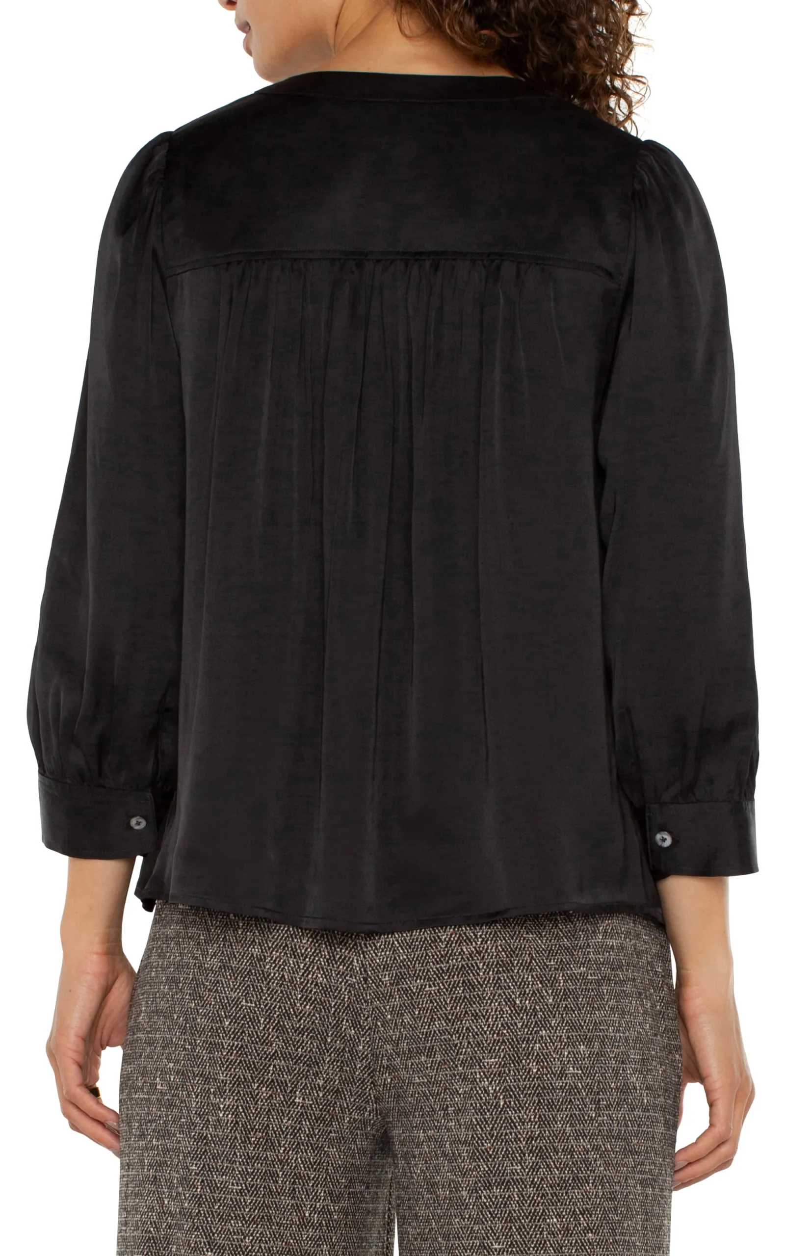 Tops-Liverpool Los Angeles LONG SLEEVE PLEATED NECK WOVEN BLOUSE Black