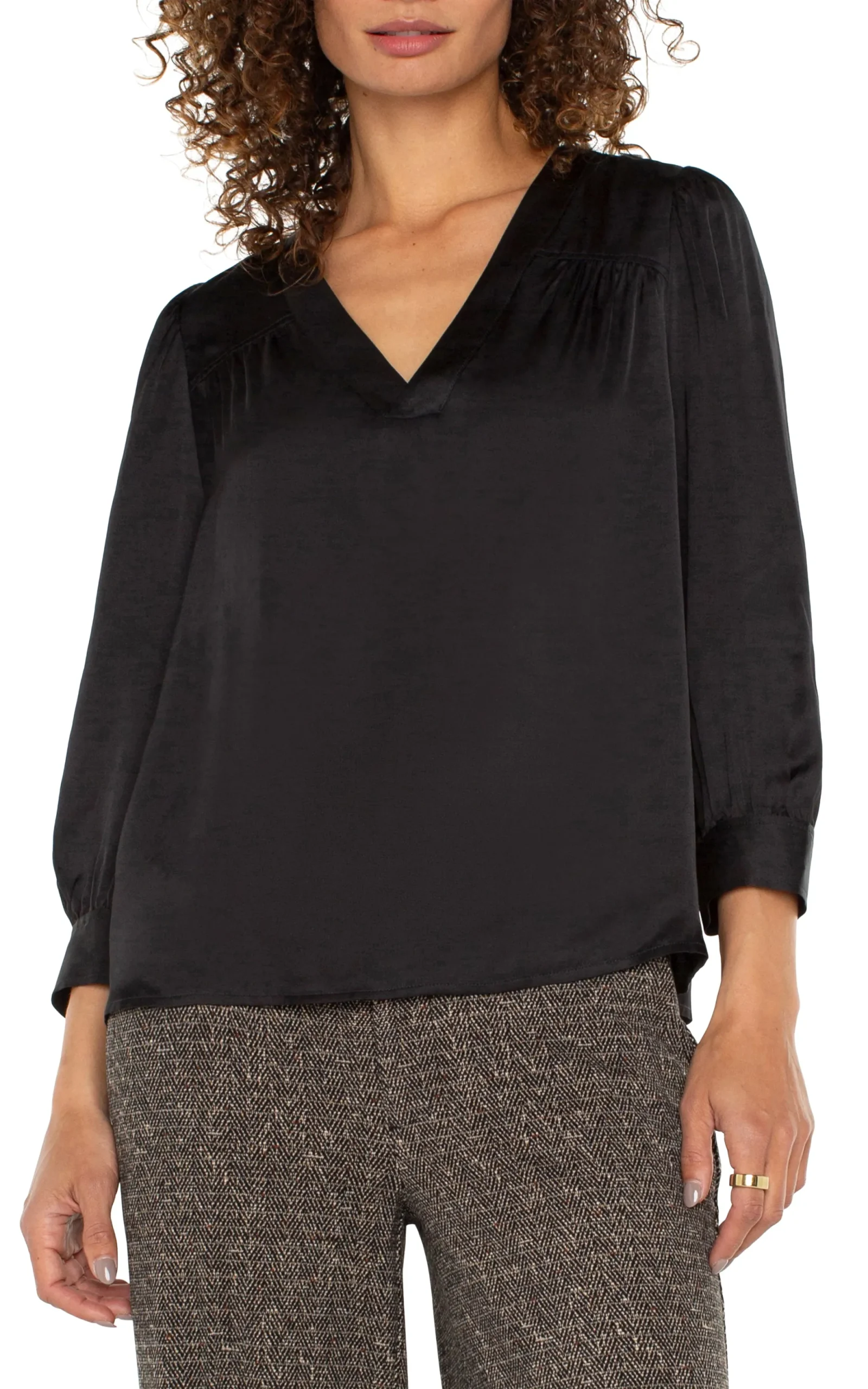 Tops-Liverpool Los Angeles LONG SLEEVE PLEATED NECK WOVEN BLOUSE Black