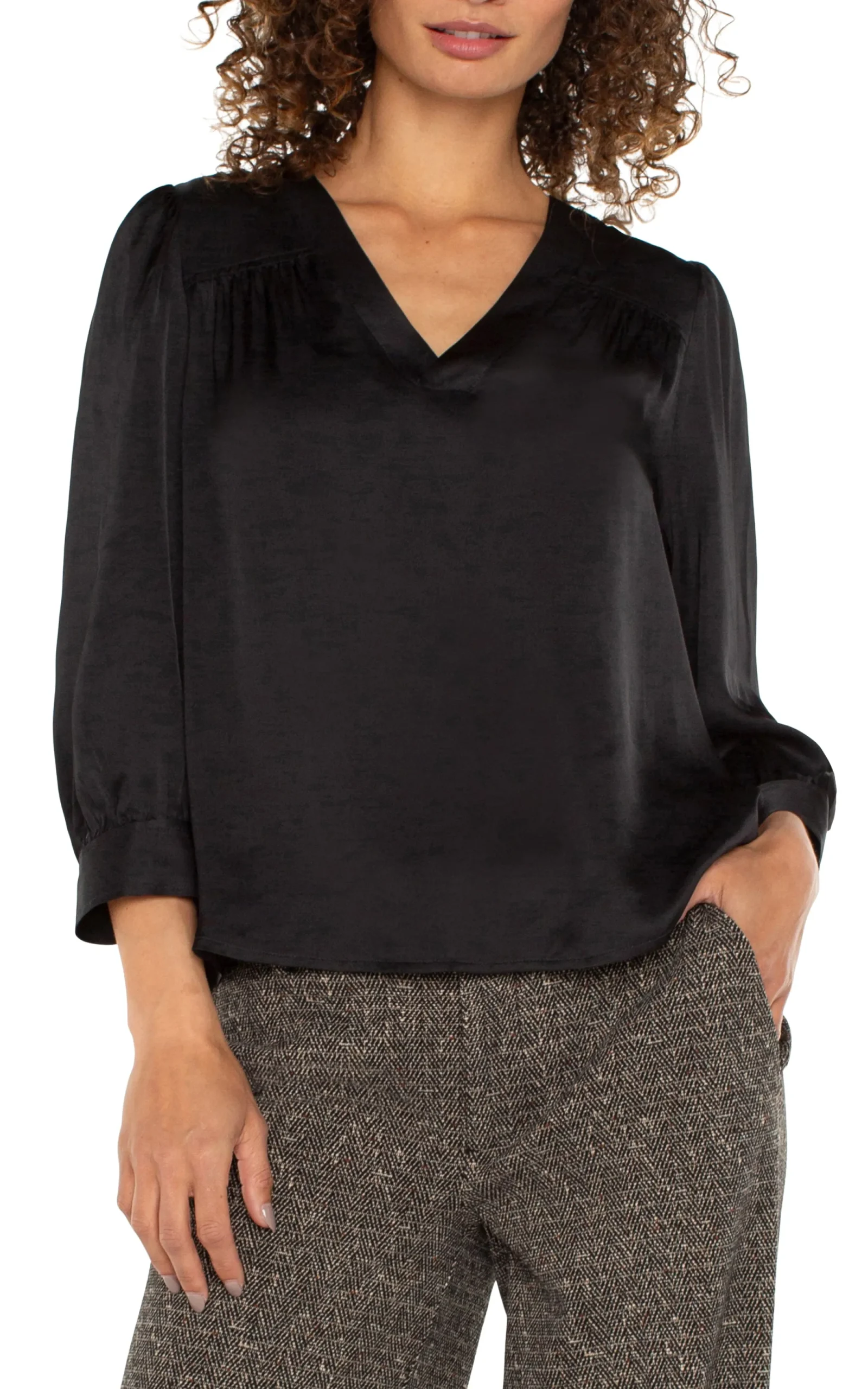 Tops-Liverpool Los Angeles LONG SLEEVE PLEATED NECK WOVEN BLOUSE Black