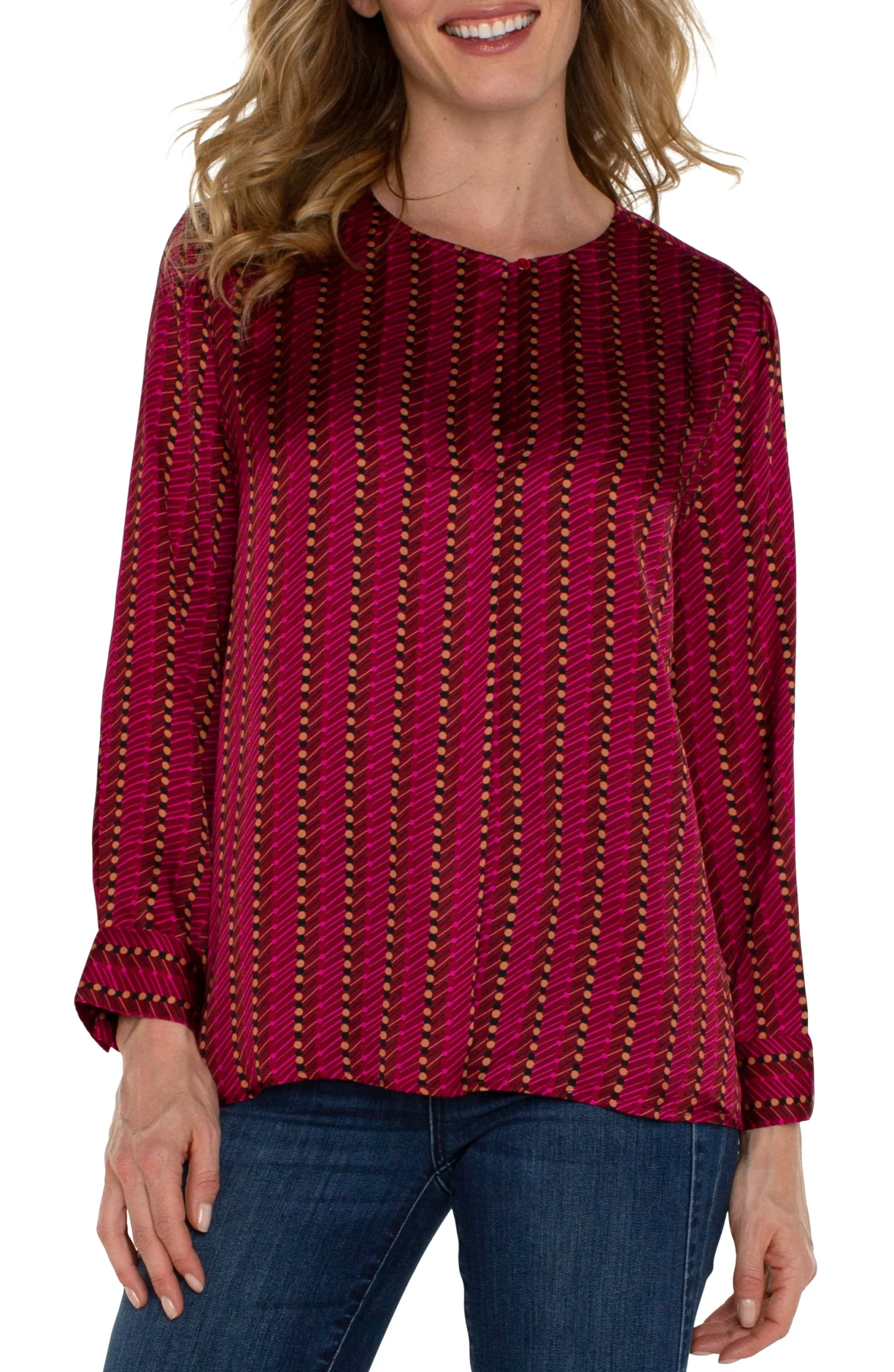 Tops-Liverpool Los Angeles LONG SLEEVE POPOVER WOVEN BLOUSE Rubydottedstripe