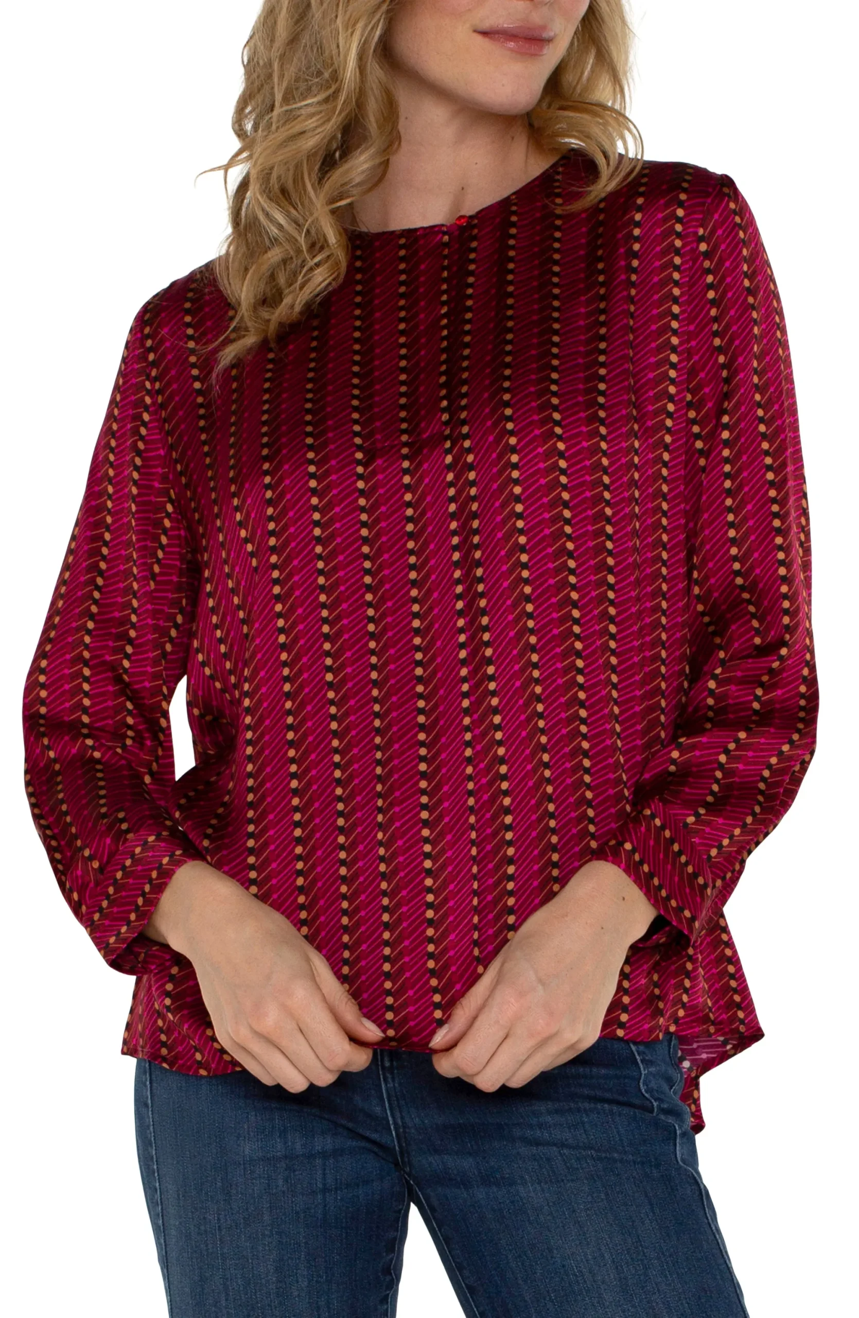 Tops-Liverpool Los Angeles LONG SLEEVE POPOVER WOVEN BLOUSE Rubydottedstripe