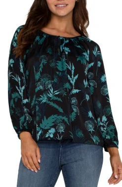 Tops-Liverpool Los Angeles LONG SLEEVE SHIRRED WOVEN BLOUSE Malachitefoliage