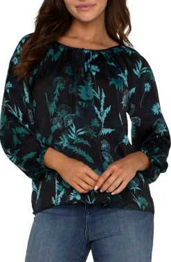 Tops-Liverpool Los Angeles LONG SLEEVE SHIRRED WOVEN BLOUSE Malachitefoliage