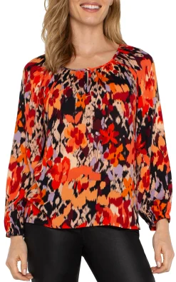 Tops-Liverpool Los Angeles LONG SLEEVE SHIRRED WOVEN BLOUSE Burntorangefloral