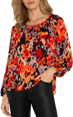Tops-Liverpool Los Angeles LONG SLEEVE SHIRRED WOVEN BLOUSE Burntorangefloral