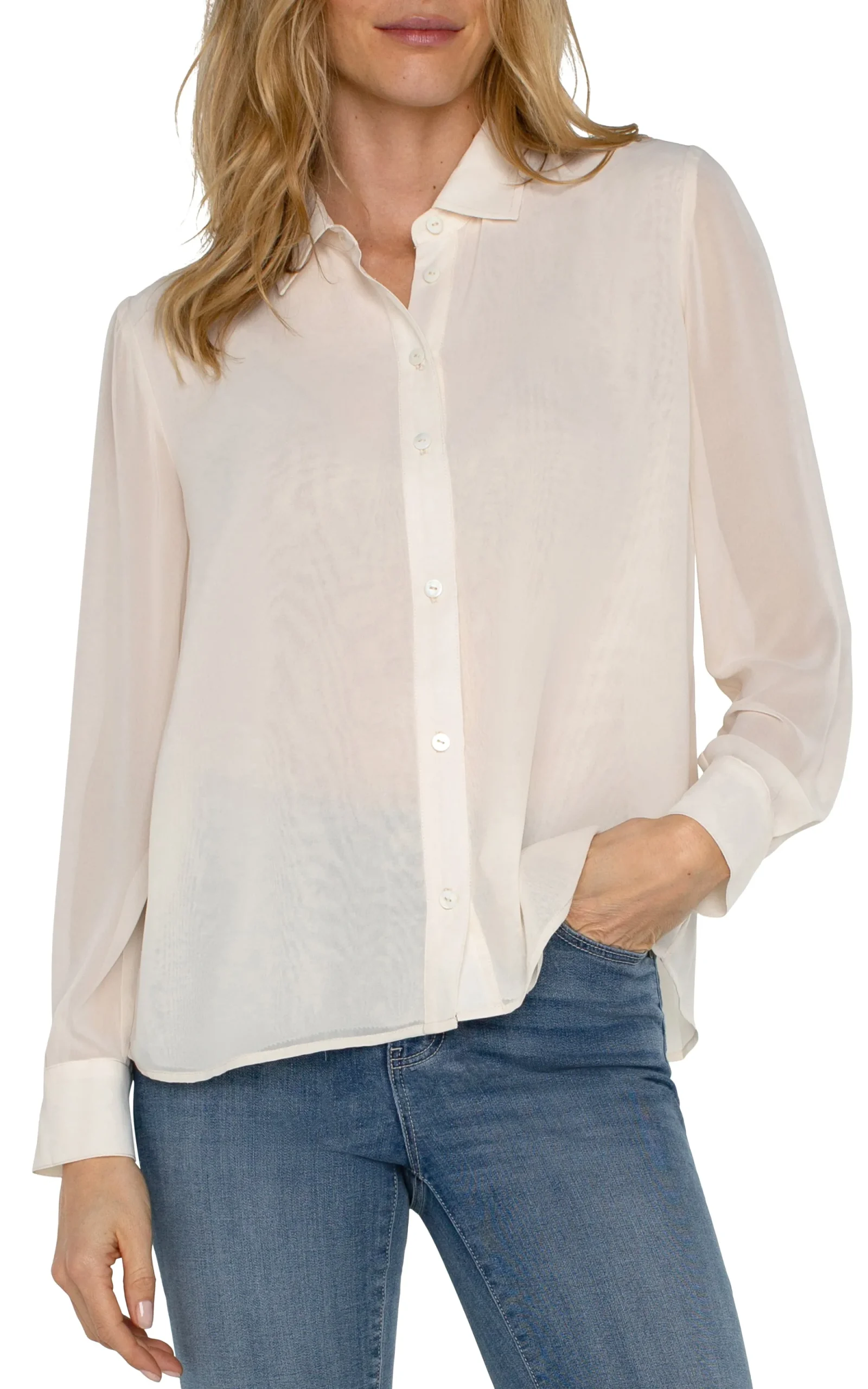 Tops-Liverpool Los Angeles LONG SLEEVE SHIRT WITH PLEAT BACK Cream