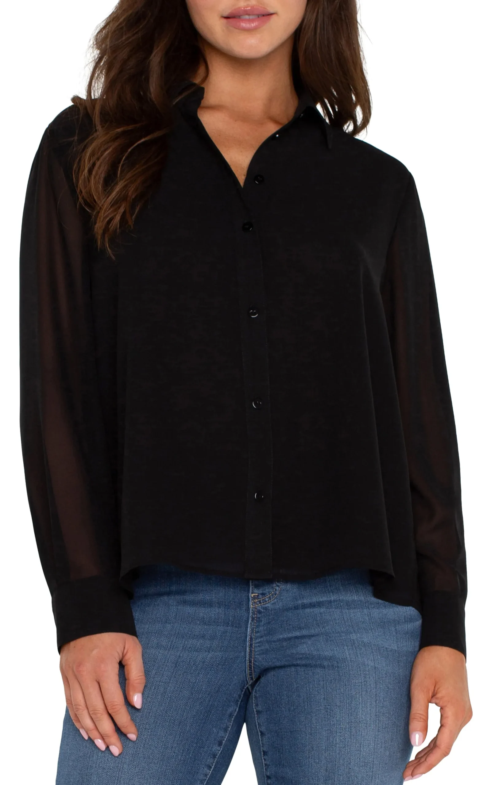 Tops-Liverpool Los Angeles LONG SLEEVE SHIRT WITH PLEAT BACK Black