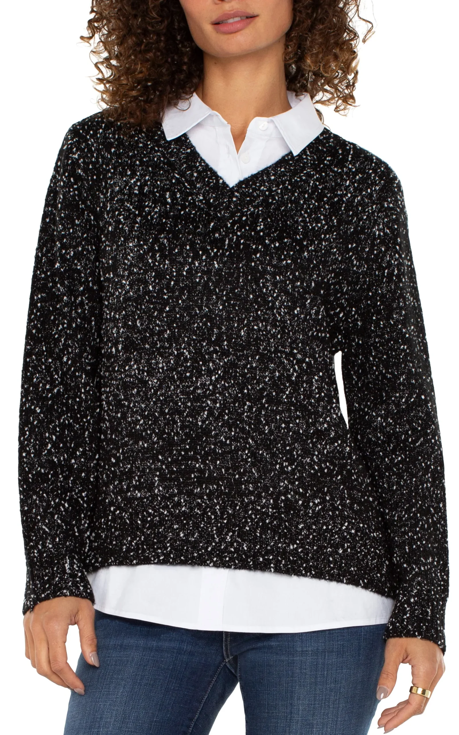 Sweaters|Tees-Liverpool Los Angeles LONG SLEEVE TWOFER COLLARED SWEATER Blackwithwhiteflecks