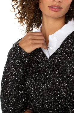Sweaters|Tees-Liverpool Los Angeles LONG SLEEVE TWOFER COLLARED SWEATER Blackwithwhiteflecks