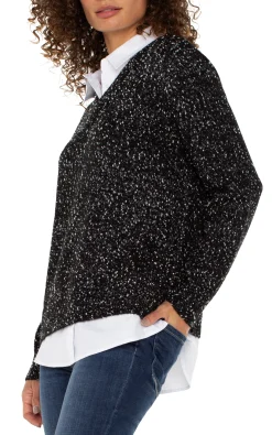 Sweaters|Tees-Liverpool Los Angeles LONG SLEEVE TWOFER COLLARED SWEATER Blackwithwhiteflecks