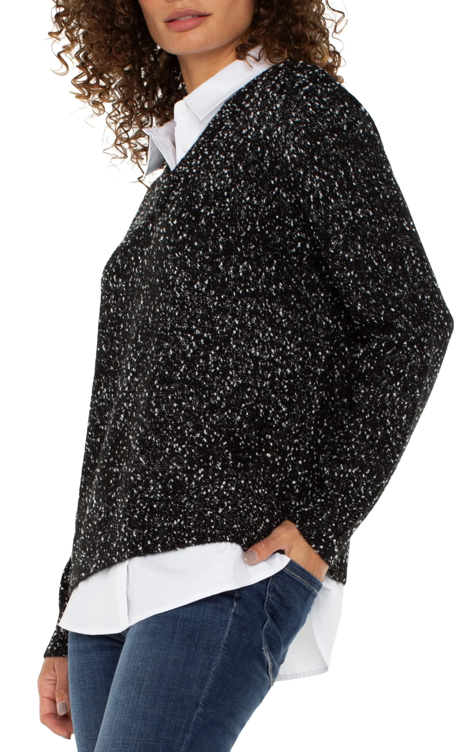 Sweaters|Tees-Liverpool Los Angeles LONG SLEEVE TWOFER COLLARED SWEATER Blackwithwhiteflecks