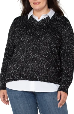 Tops-Liverpool Los Angeles LONG SLEEVE TWOFER COLLARED SWEATER Blackwithwhiteflecks
