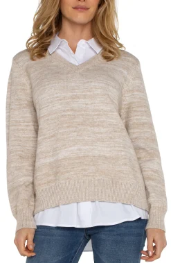 Sweaters-Liverpool Los Angeles LONG SLEEVE TWOFER COLLARED SWEATER Lightoatmealmelange