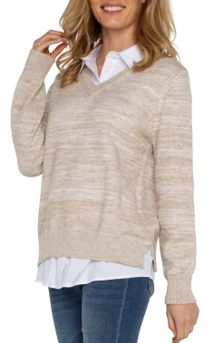 Sweaters-Liverpool Los Angeles LONG SLEEVE TWOFER COLLARED SWEATER Lightoatmealmelange