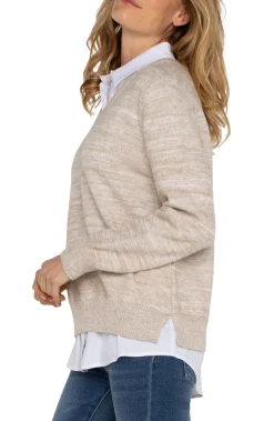 Sweaters-Liverpool Los Angeles LONG SLEEVE TWOFER COLLARED SWEATER Lightoatmealmelange