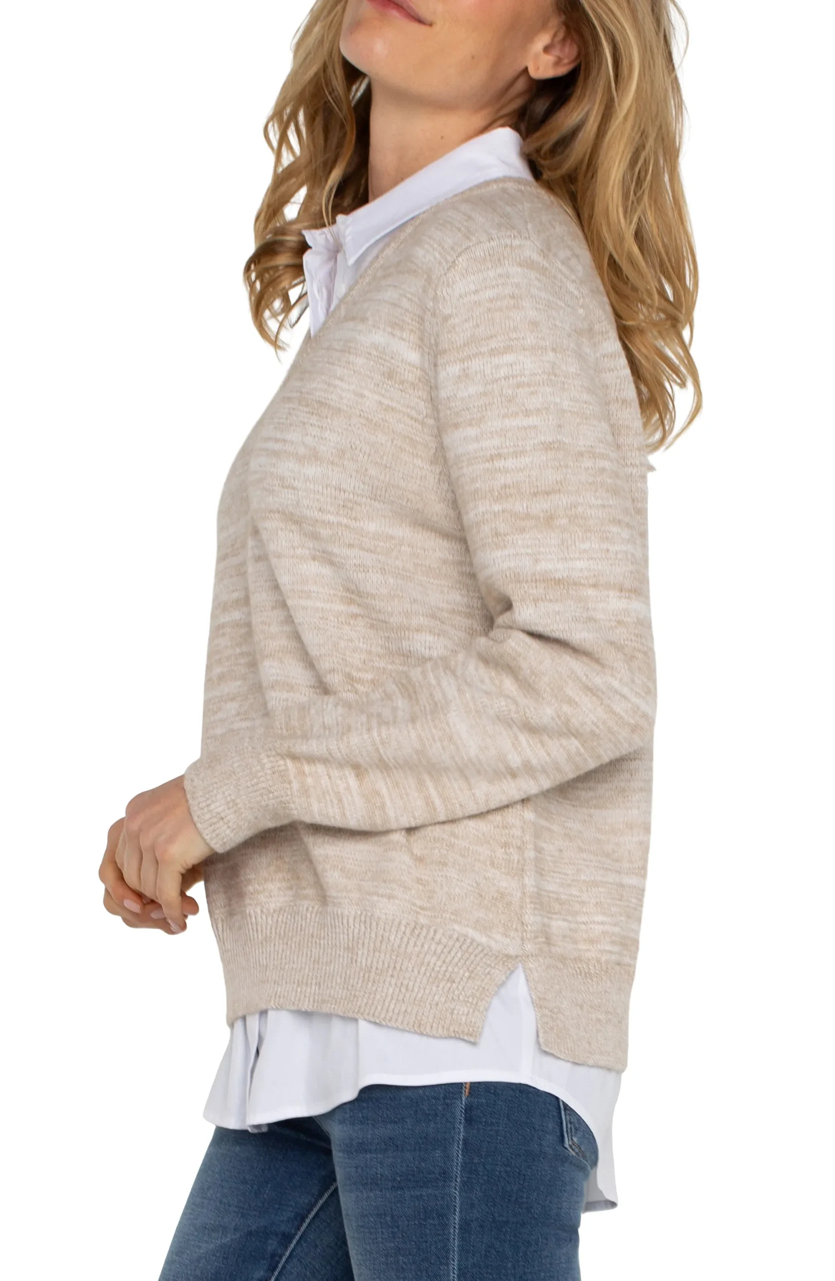 Sweaters-Liverpool Los Angeles LONG SLEEVE TWOFER COLLARED SWEATER Lightoatmealmelange