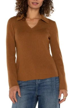 Tees|Sweaters-Liverpool Los Angeles LONG SLEEVE V-NECK COLLARED SWEATER Turmeric