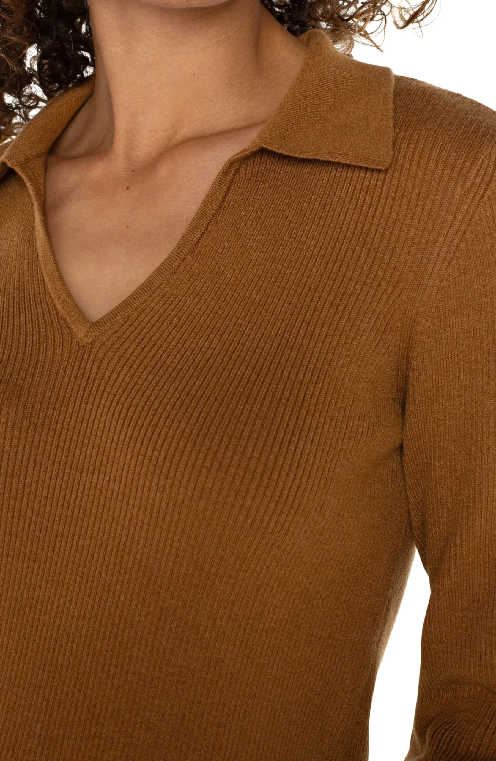Tees|Sweaters-Liverpool Los Angeles LONG SLEEVE V-NECK COLLARED SWEATER Turmeric